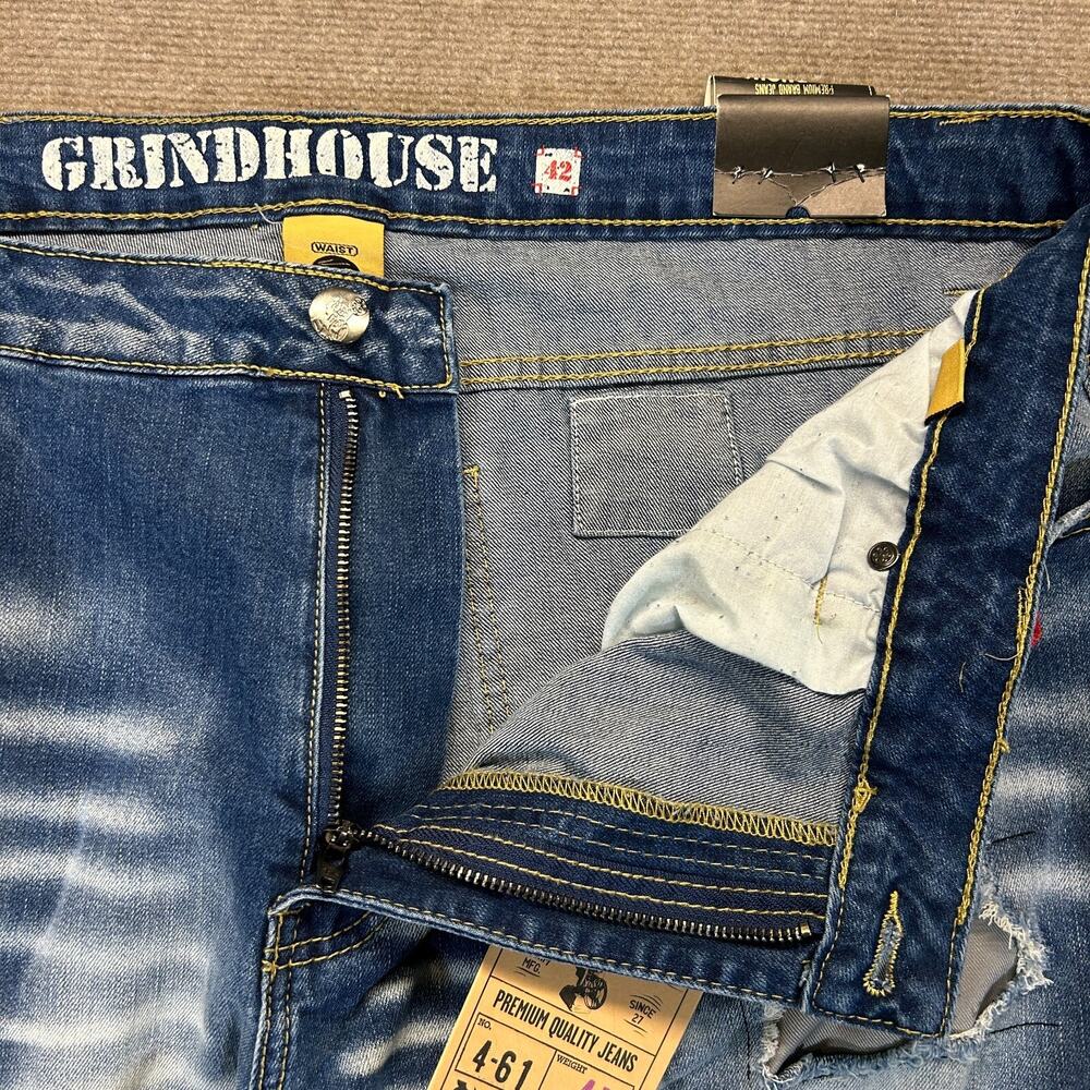 Grindhouse Denim Jeans Men's 42x32 Blue Distressed Patches Whiskers Stretch NEW - Picture 8 of 16